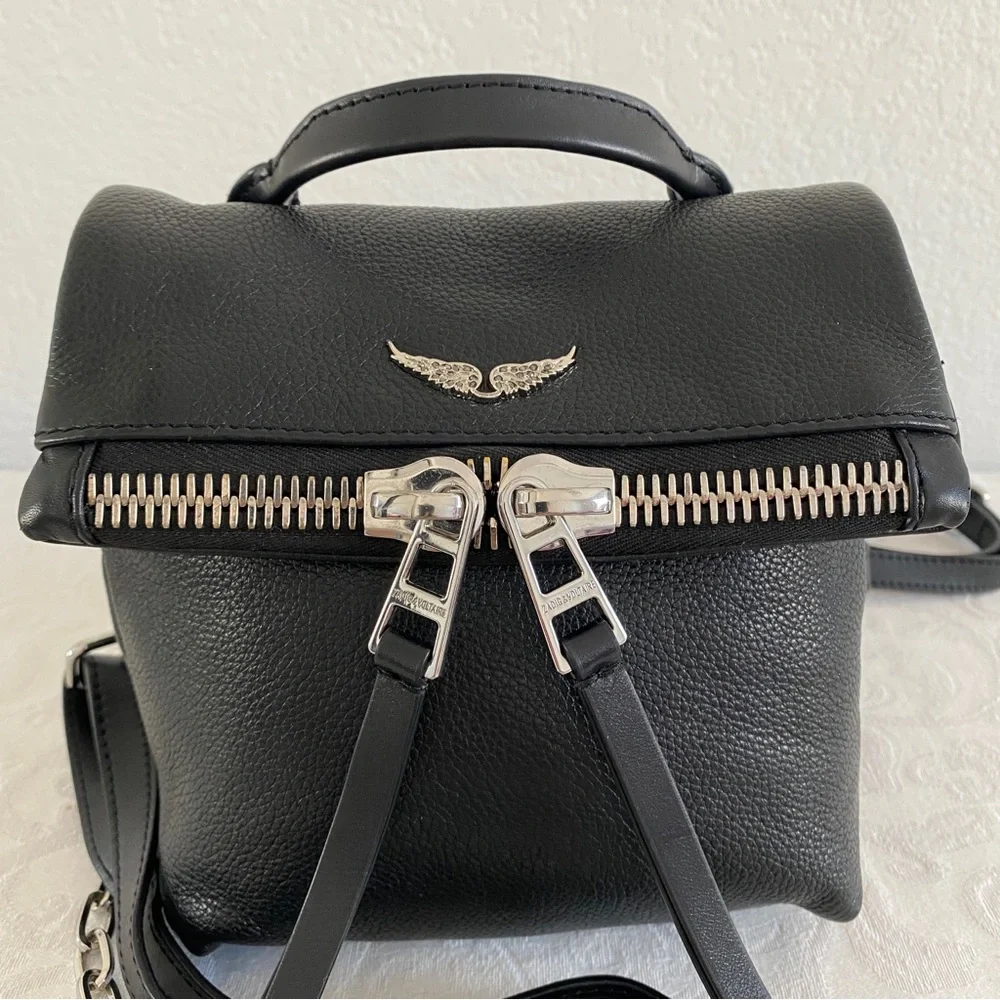 Black Leather Mini Backpack with Silver Details